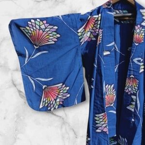 Blue Unisex Kimono; Slate Blue with Multicoloured Lotus Flower Design.